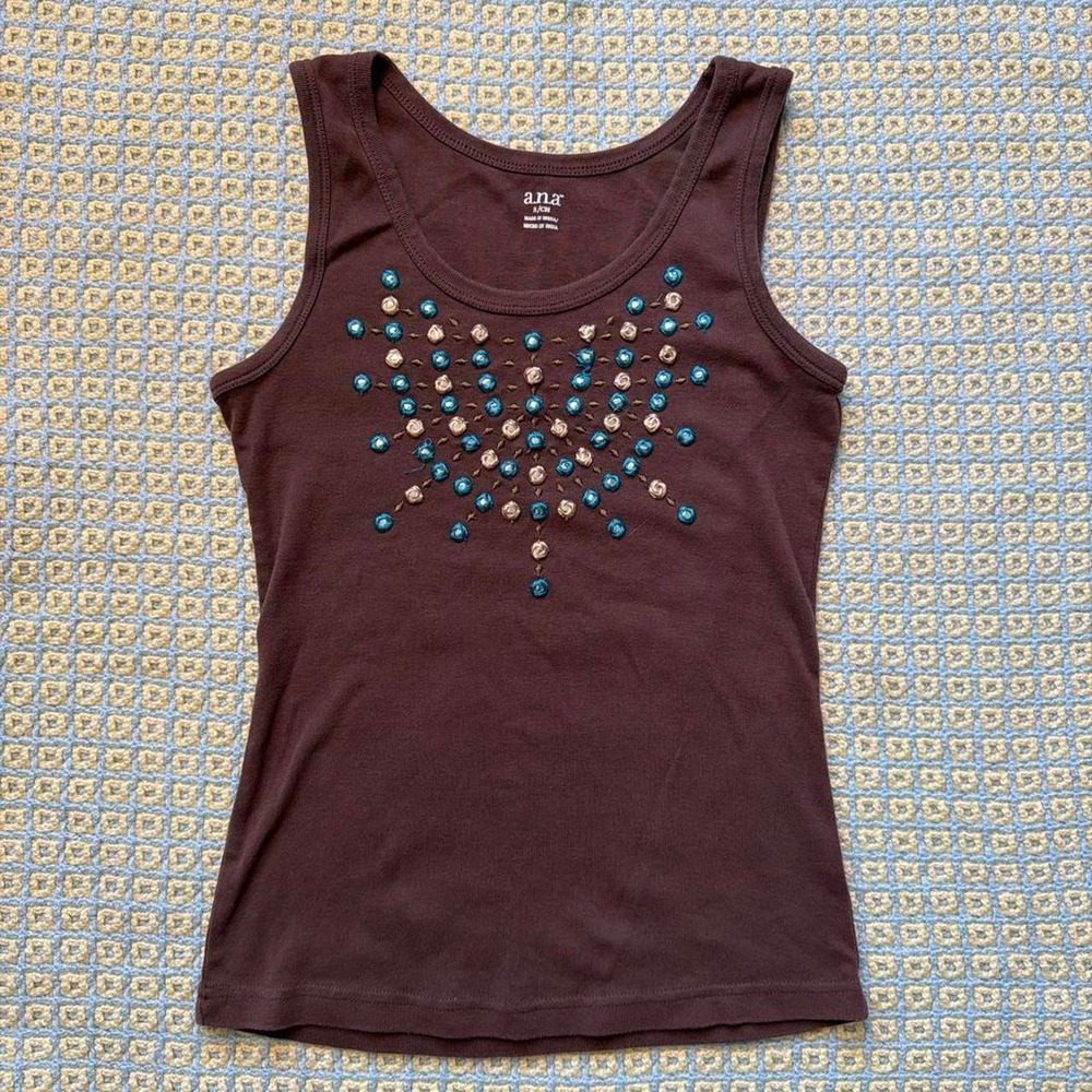 ANA Brown Teal Beaded Sequin Cotton Tank Top Small Whimsygoth Fairycore Boho